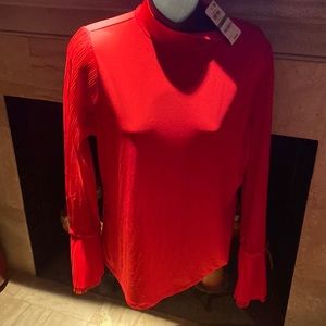 Red brand new sheer sleeve  top mock neck